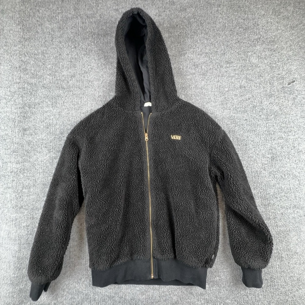 Vans Jacket Mens XS Black Sherpa Fleece Hooded Full Zip Bomber Lined Coat Warm